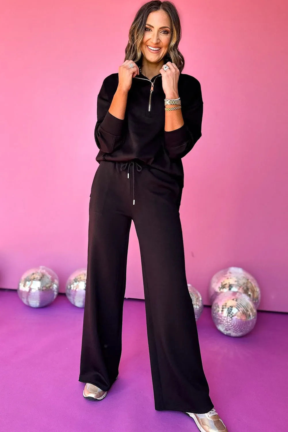 Black Zipper Stand Neck Top and Wide Leg Pants Set - Chic Meadow Boutique 