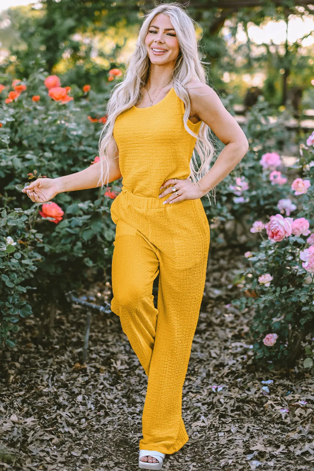 Yellow Crinkled U Neck Tank Top and Wide Leg Pants Set - Chic Meadow Boutique 