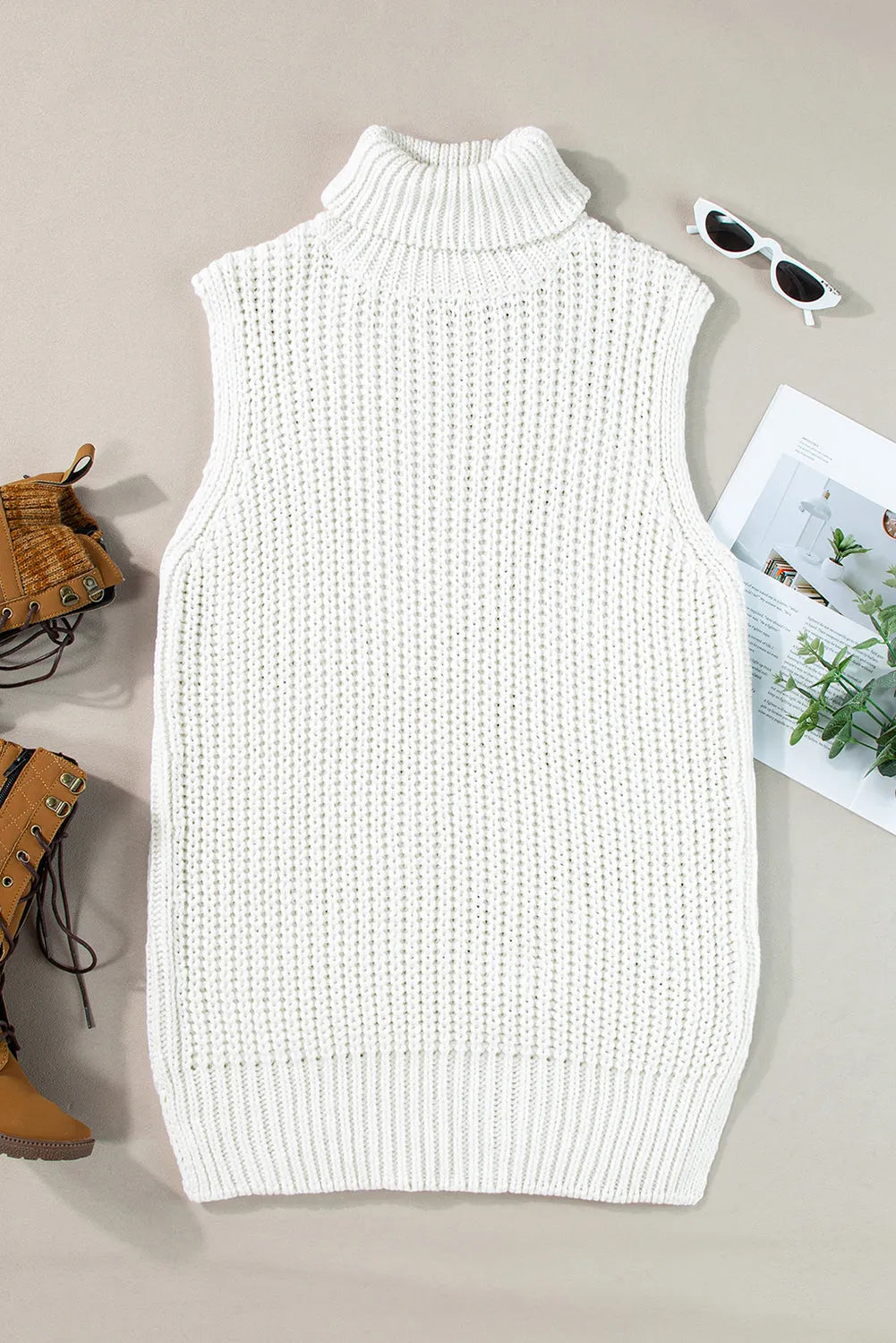 White Turtleneck Knitted Slit Hem Sweater Vest - Chic Meadow Boutique 