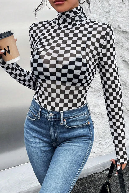 Black Checkered Printed Long Sleeve High Neck Bodysuit - Chic Meadow Boutique 