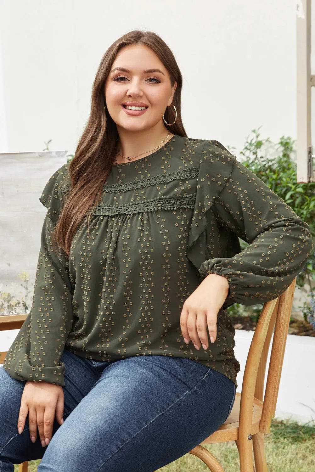 Plus Size/Plus Size Tops/Plus Size Blouses & Shirts Mist Green Plus Lace Swiss Dot Ruffle Long Sleeve Top