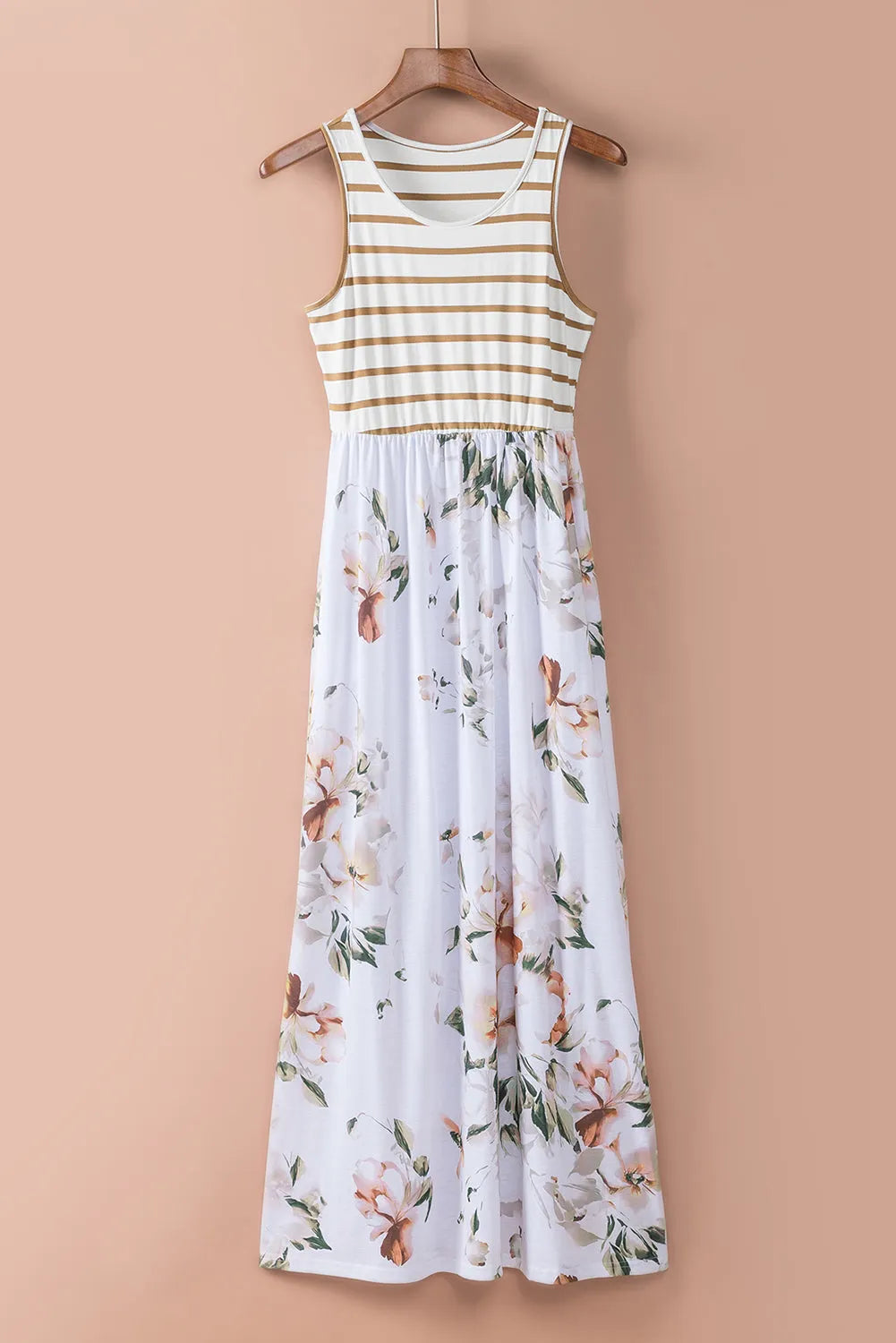 White Striped Floral Print Sleeveless Maxi Dress with Pocket - Chic Meadow Boutique 