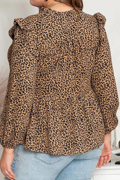 Plus Size/Plus Size Tops Leopard Frilled Shoulder Decor Plus Size Babydoll Top