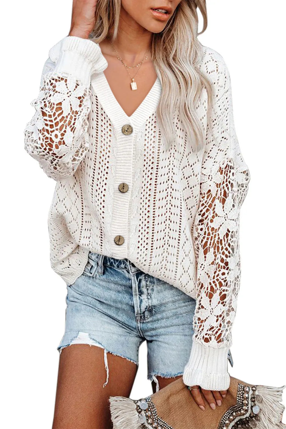 White Lace Crochet Hollow Out Knit Buttoned Sweater - Chic Meadow Boutique 