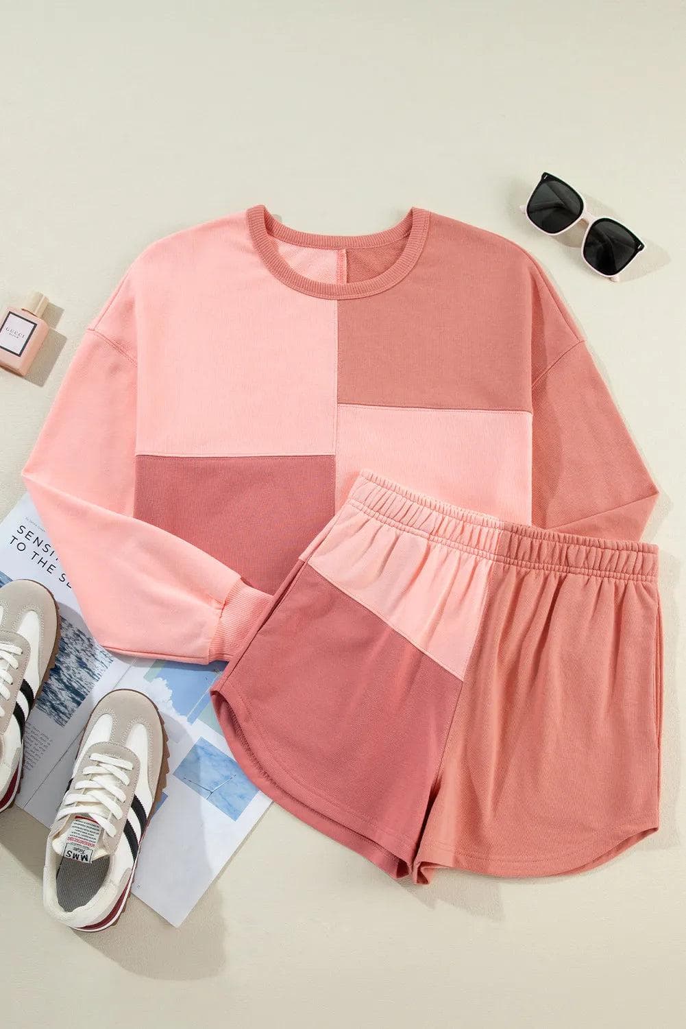 Two Piece Sets/Short Sets Peach Blossom / S / 65%Polyester+35%Cotton Peach Blossom Colorblock Patchwork Long Sleeve Shorts Outfit