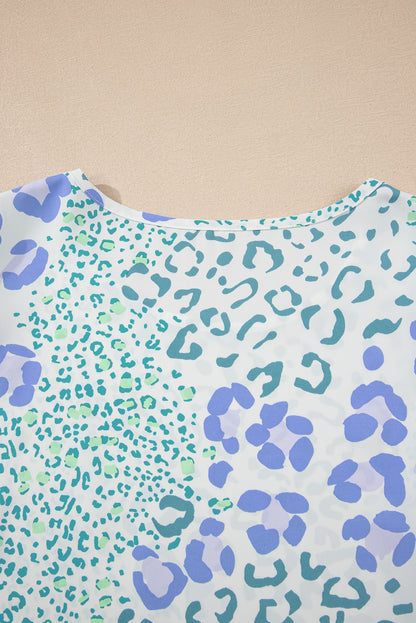 Sky Blue Leopard Layered Ruffle Short Sleeve Casual Blouse