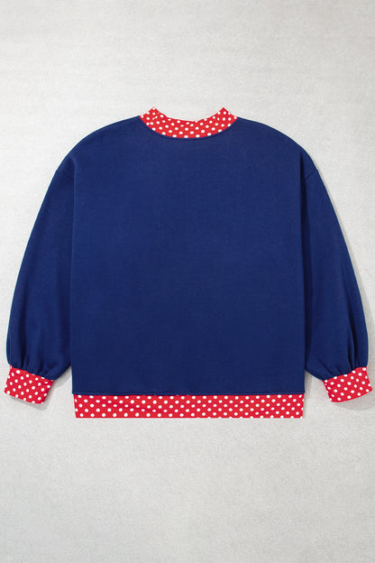 Dirty blue Polka Dot Patchwork Round Neck Plus Size Sweatshirt