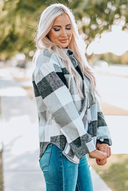 Gray Plaid Color Block Buttoned Long Sleeve Jacket with Pocket - Chic Meadow Boutique 