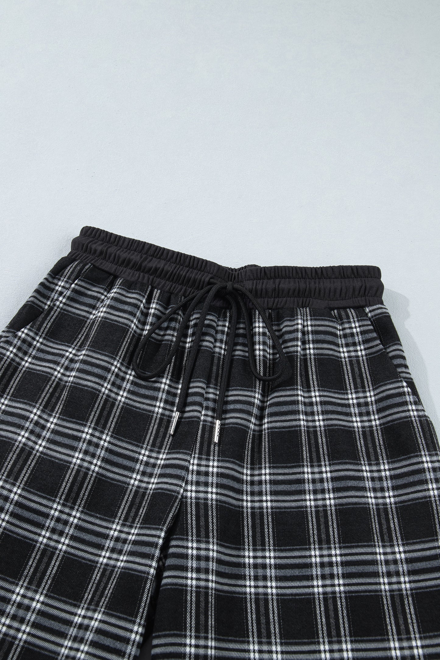 Black Frenchy Plaid Pattern Contrast Drawstring Waist Wide Leg Pants