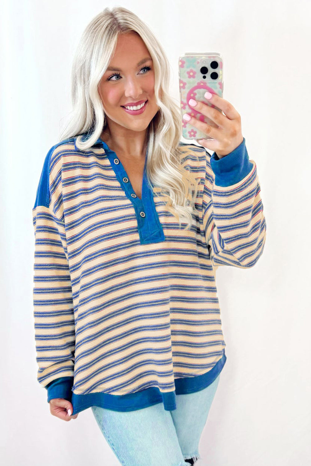 Blue Stripe Buttoned V Neck Collared Drop Shoulder Top