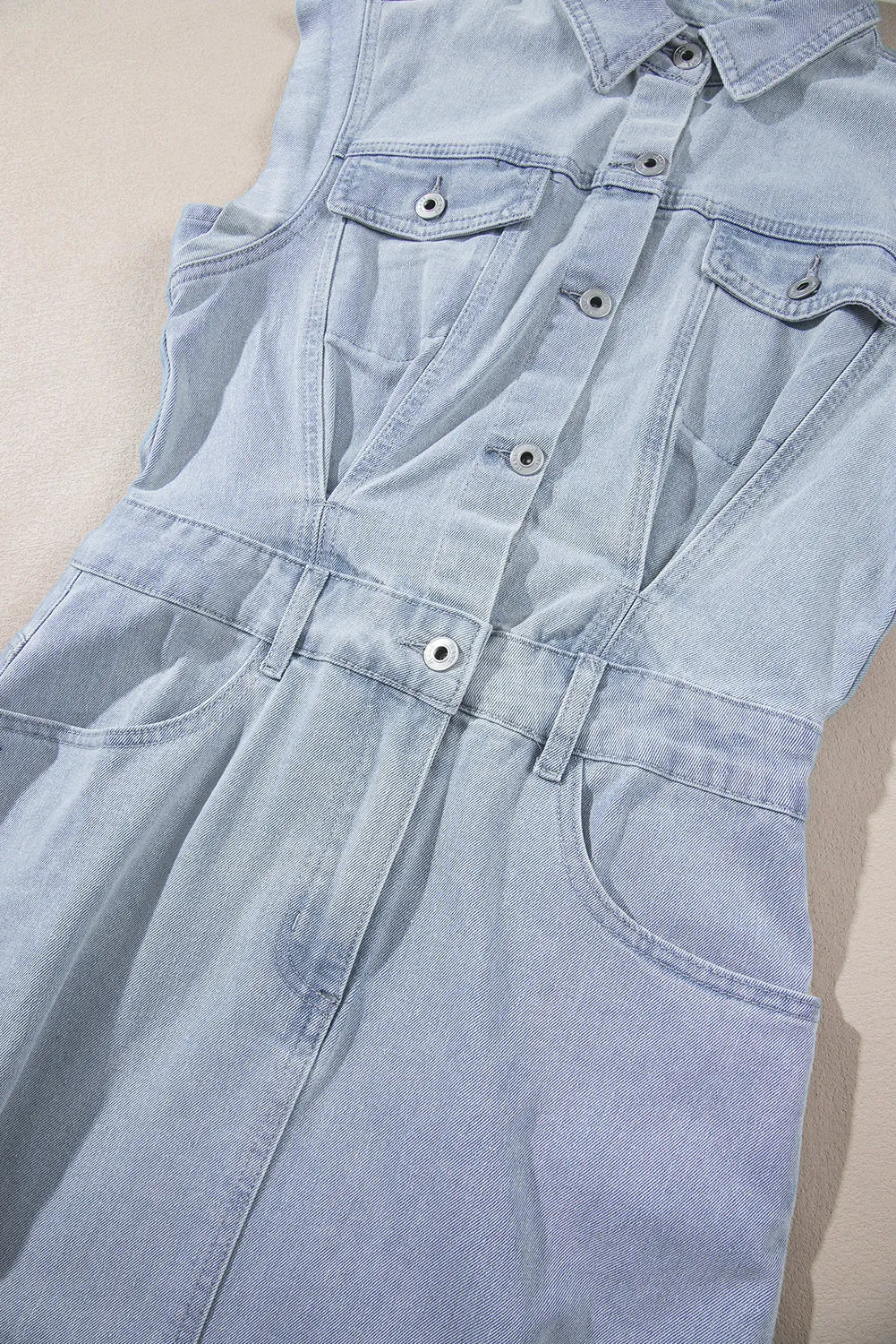 Dresses/Mini Dresses Light Blue Acid Wash Flap Pockets Frayed Denim Dress