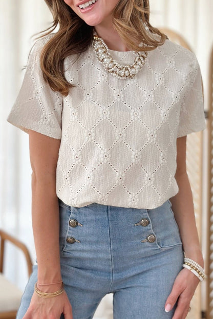 White Geometric Embroidered Slim Fit O Neck T Shirt