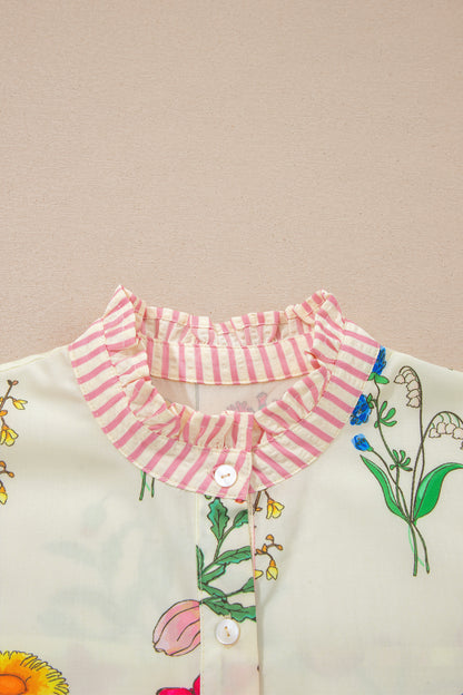 Beige Floral Striped Patchwork Ruffled Collar Short Sleeve Shirt