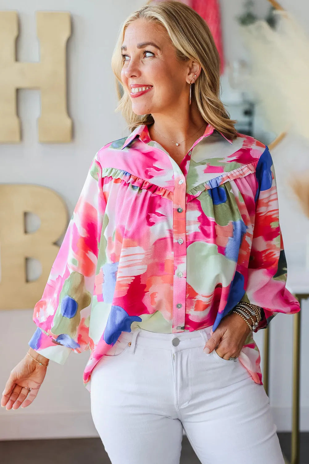 Multicolour Abstract Printed Lantern Sleeve Frilled Button Front Collared Shirt - Chic Meadow Boutique 