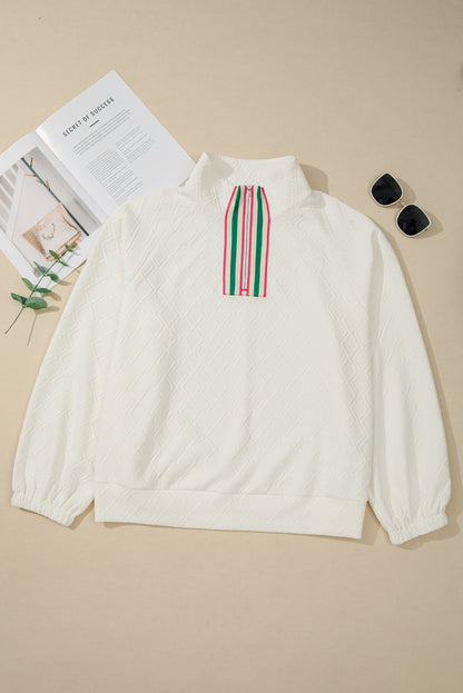 Beige Plus Size Rhombus Texture Contrast Striped Collar Baggy Sweatshirt