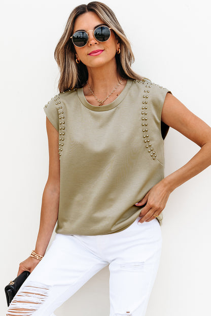 Sage Green Studded Cap Sleeve Round Neck T Shirt