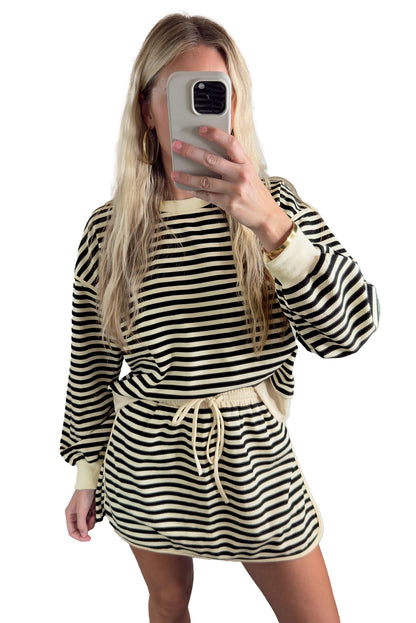 Black Stripe Textured Drop Shoulder Pullover Top Drawstring Mini Skirt Two Piece Dress Set