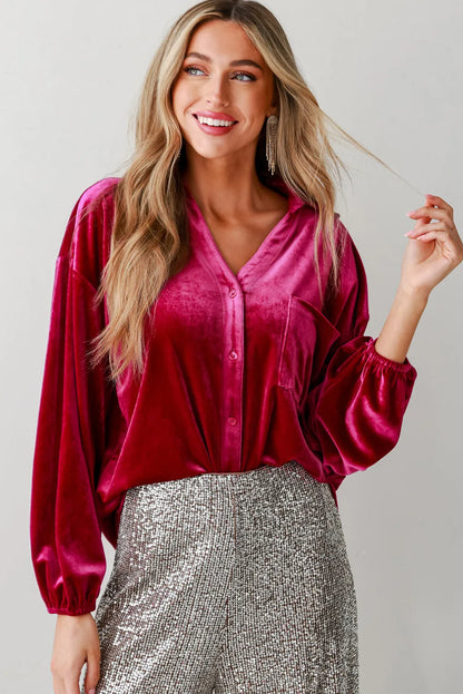 Pitaya Pink Buttoned V Neck Chest Pocket Velvet Shirt - Chic Meadow Boutique 