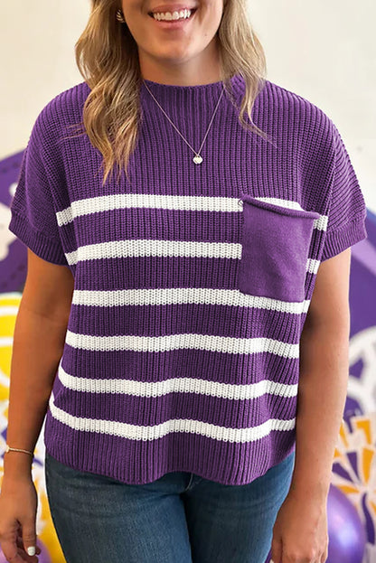 Purple Stripe Raw Edge Patched Pocket Short Sleeve Knit Sweater