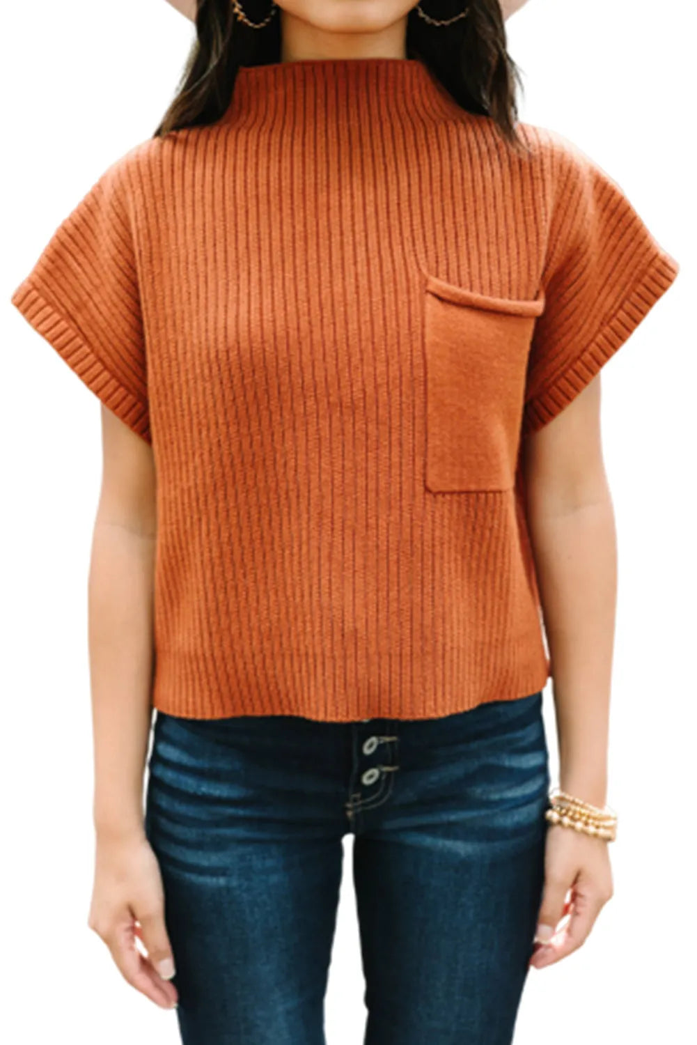 Gold Flame Patch Pocket Ribbed Knit Short Sleeve Sweater - Chic Meadow Boutique 