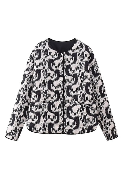 White Abstract Print Side Pockets Buttoned Jacket - Chic Meadow Boutique 