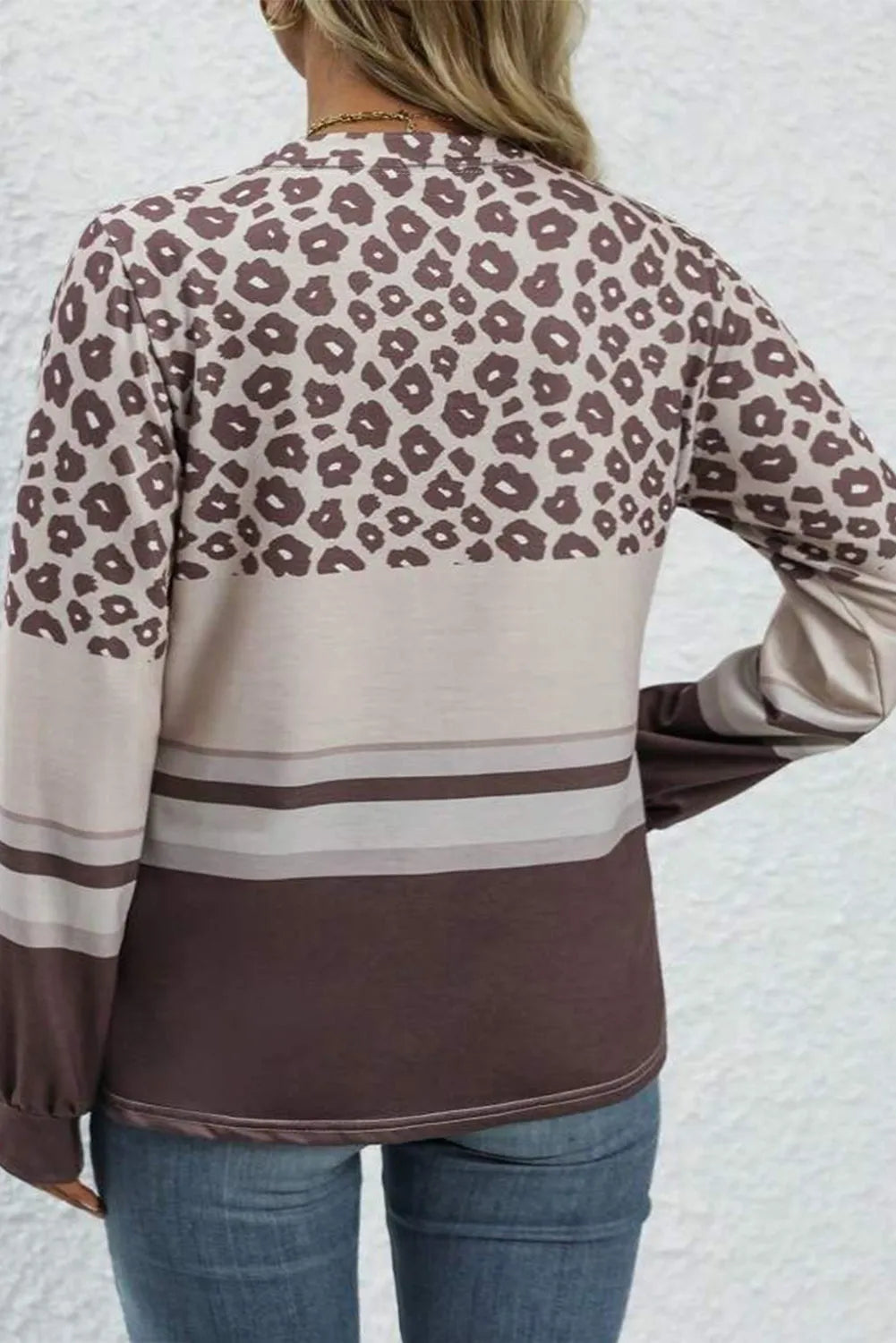 Coffee Plus Size Leopard Striped Long Sleeve Crew Neck Top - Chic Meadow Boutique 