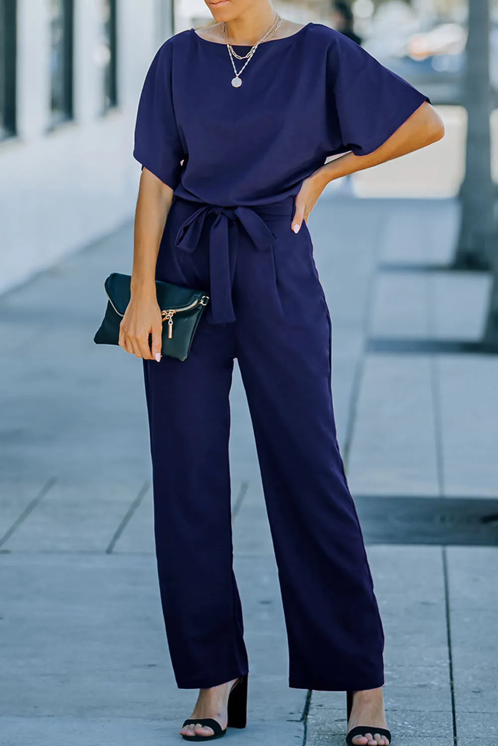 Blue Belted Wide Leg Jumpsuit - Chic Meadow Boutique 