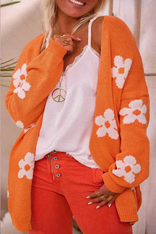 Orange Flower Pattern Drop Shoulder Plus Size Cardigan - Chic Meadow Boutique 