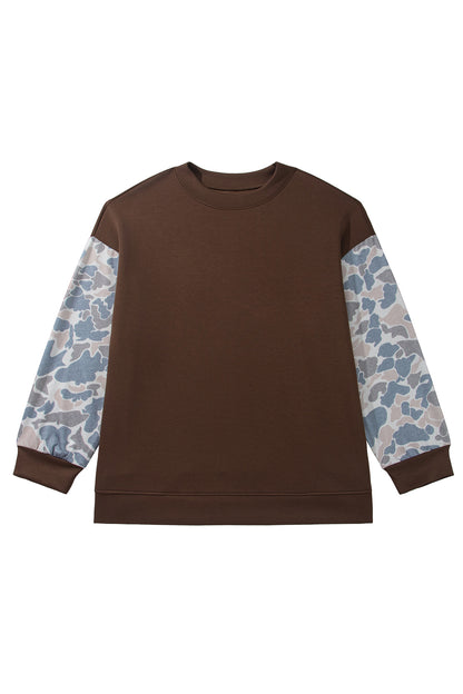Coffee Mock Neck Camo Patchwork Drop Shoulder Plus Size Sweatshirt