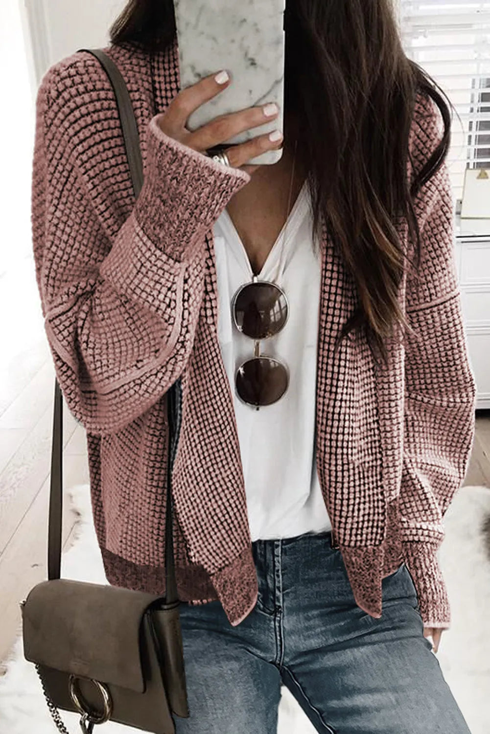 Peach Blossom Plaid Contrast Trim Open Front Cardigan - Chic Meadow Boutique 