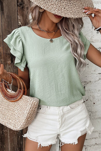 Clearly Aqua Solid Color Ruffled Short Sleeve Casual Blouse