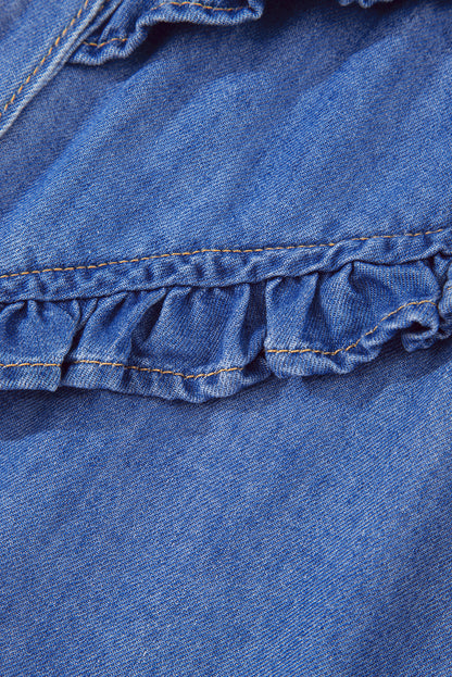 Sky Blue Mineral Wash Cap Sleeve Frilled Button Up Denim Shirt