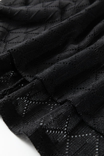Black Pointelle Rhombus Knit Plus Size V Neck Loose Top