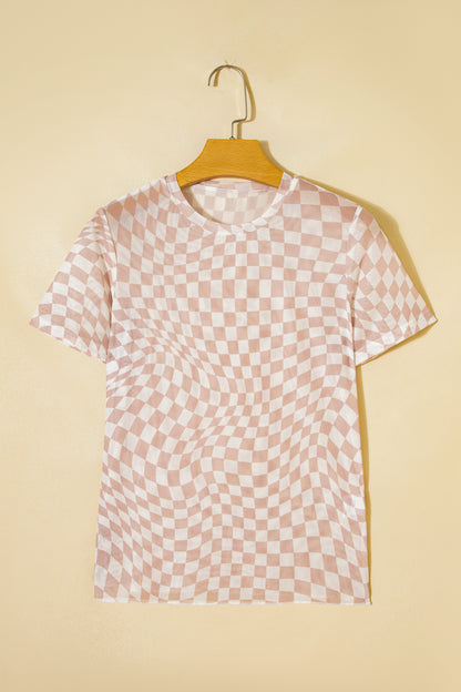 Khaki Checkered Print Mock Neck Mesh T Shirt