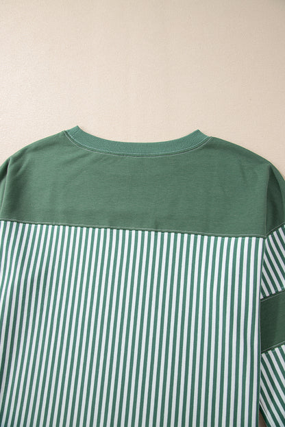 Mist Green Striped Patchwork 3/4 Sleeve Oversize Top