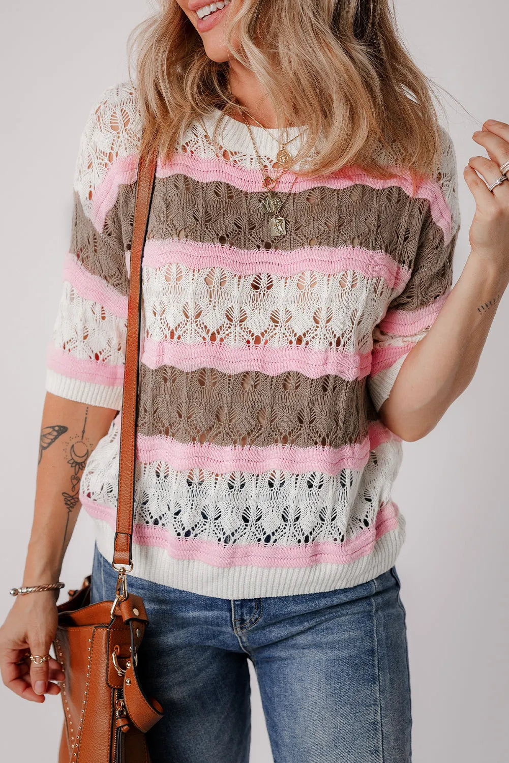 Brown Stripe Color Block Hollow Out Crochet Half Sleeve Sweater - Chic Meadow Boutique 