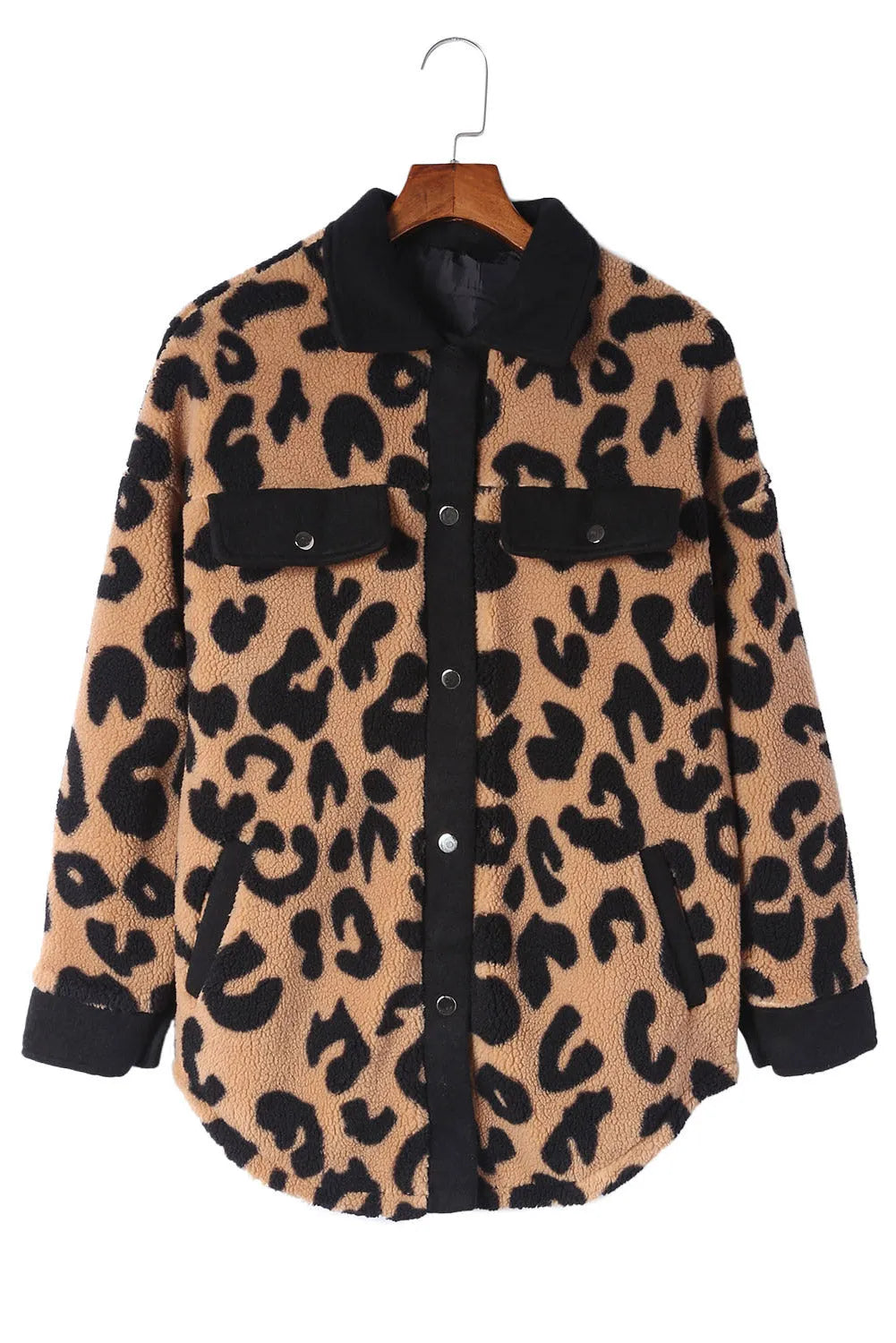 Black Contrast Trimmed Leopard Teddy Shacket - Chic Meadow Boutique 