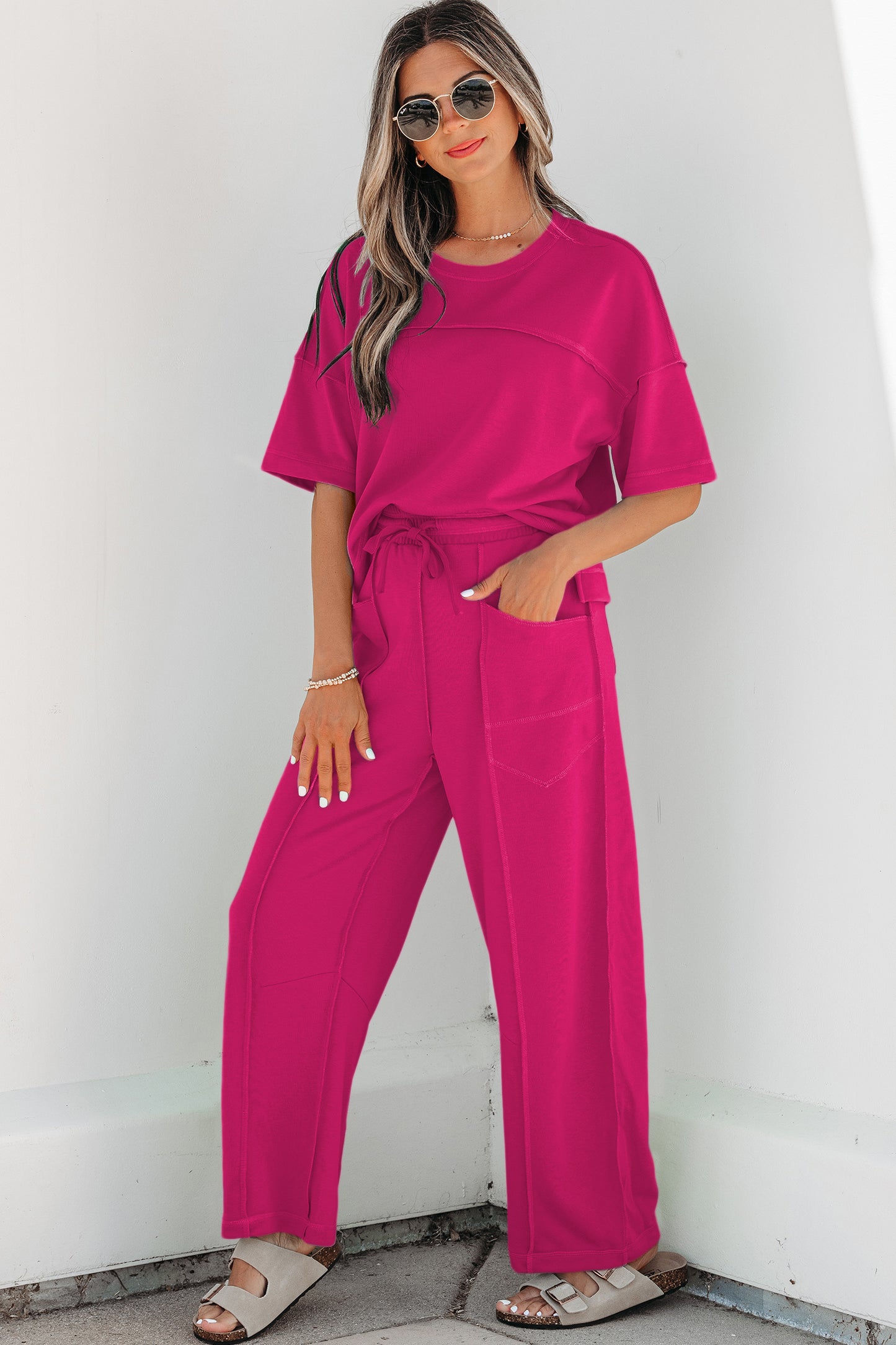 Rose Red Drop Shoulder Boxy Tee and Barrel Pants Set