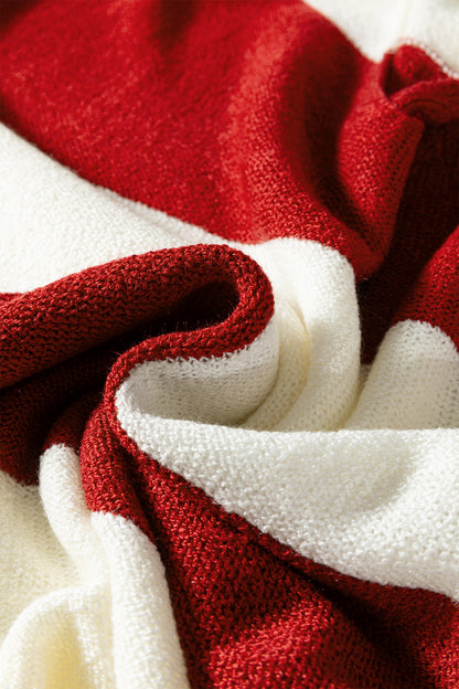 Red Stripe Loose Color Block Drop Shoulder Bubble Sleeve Sweater