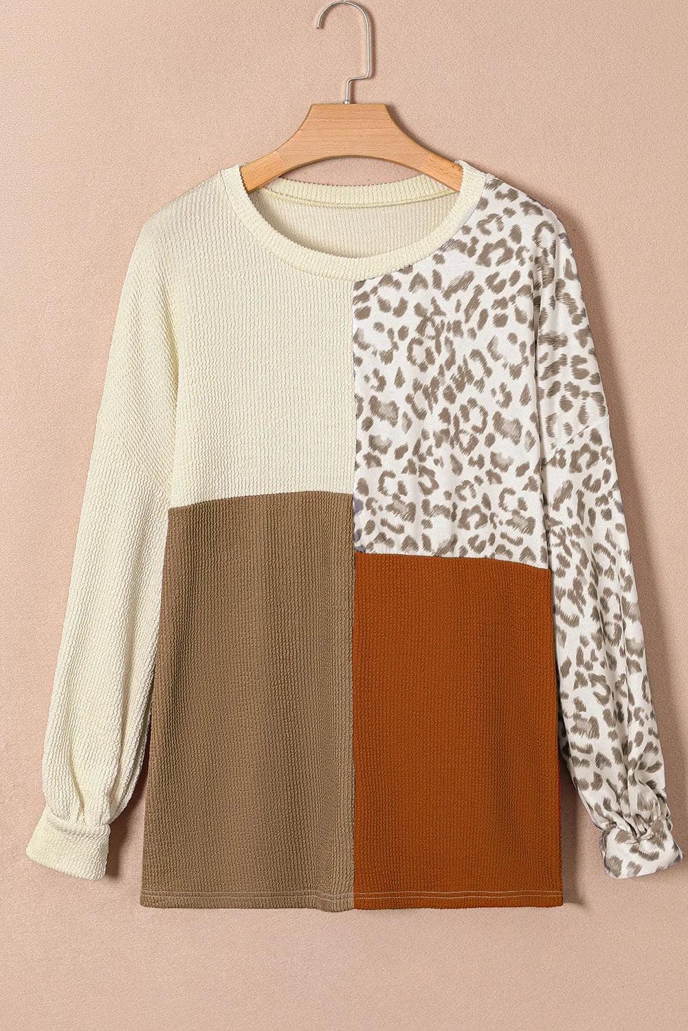 Plus Size/Plus Size Tops/Plus Size Long Sleeve Tops Khaki Ribbed Color Block Leopard Splicing Plus Size Top