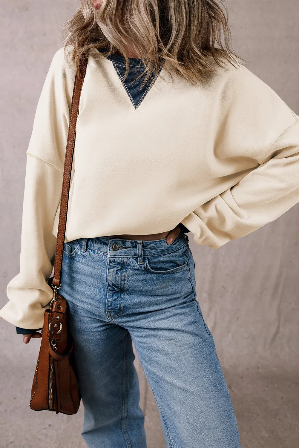 White Color Block Patch Drop Shoulder Oversized Sweatshirt - Chic Meadow Boutique 