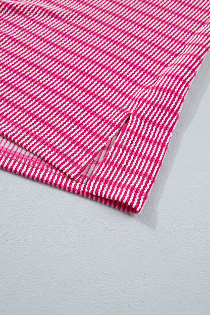 Rose Stripe Raised Rib Loose Tee Drawstring Elastic Waist 2pcs Short Set