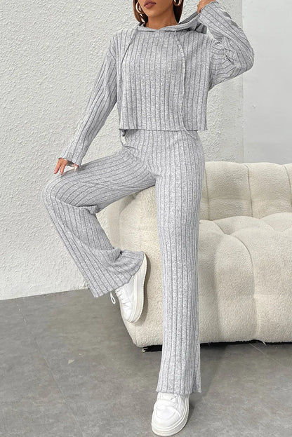 Gray Ribbed Knit Slouchy Hoodie Wide Leg Pants Set - Chic Meadow Boutique 