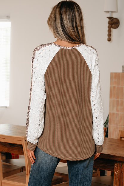 Dark Khaki Twisted Ribbed Leopard Lace Contrast Patchwork Long Sleeve Top