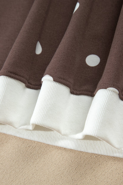 Brown Polka Dot Ribbed Trim Long Sleeve Top Casual Short Set