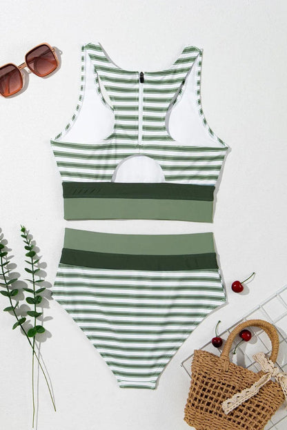 Swimwear/High Waisted Swimsuit White Stripe Zipped Cut out Racer Back High Waisted Bikini