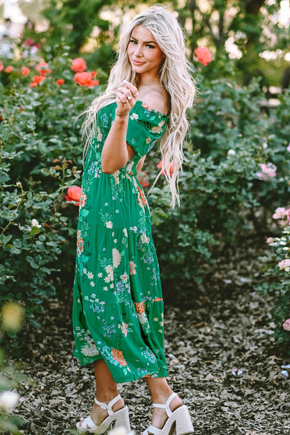 Green Floral Print Bubble Sleeve Smocked Tiered Midi Dress - Chic Meadow Boutique 