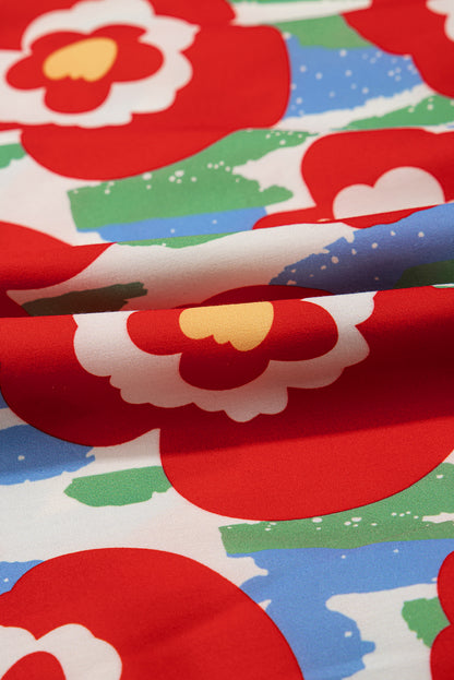 Red Plus Size Floral Print Ruffle Trim Split Neck Peplum Top