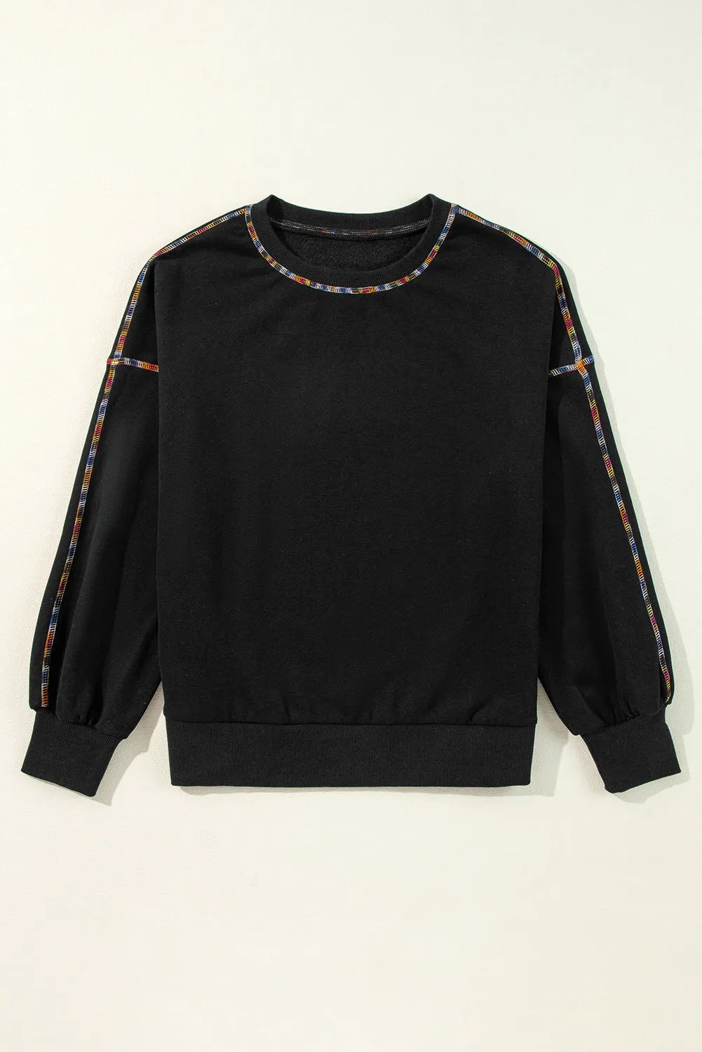 Black Contrast Rainbow Trim Drop Shoulder Pullover Sweatshirt - Chic Meadow Boutique 