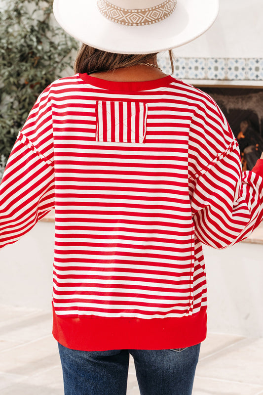 Red Stripe Christmas Nutcracker Sequin Patched Drop Shoulder Top